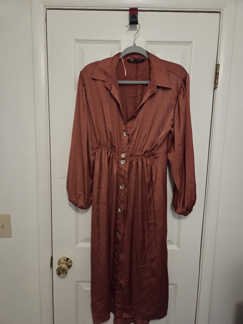 Zara Rust Button-Front Midi Dress with Waist Tie Detail
